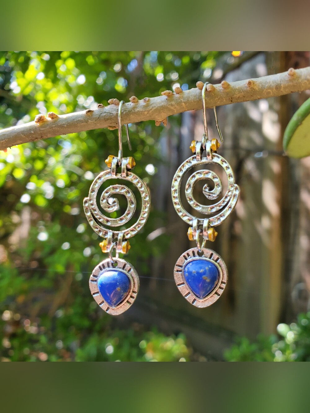 Boho Silver Tone Lapis Lazuli Dangle Earrings / Artisan Southwestern Style